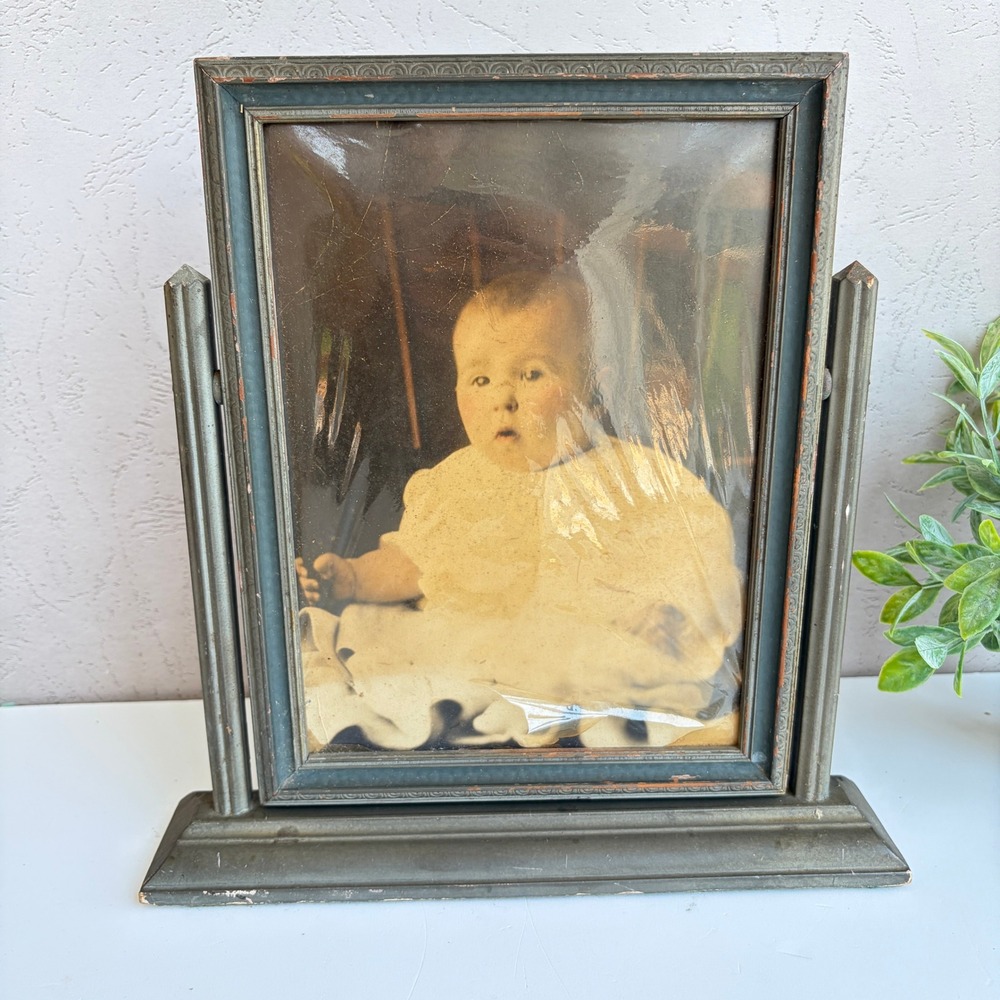 Antique Swivel Tabletop Picture Frame Green Gold Wood Baby Portrait 11 inch